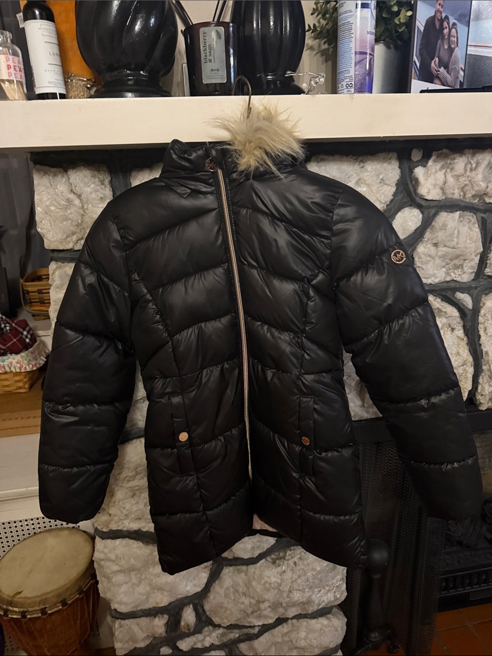 Kids Micheal Kors Black Puffer Coat with Faux Fur Trim size 14